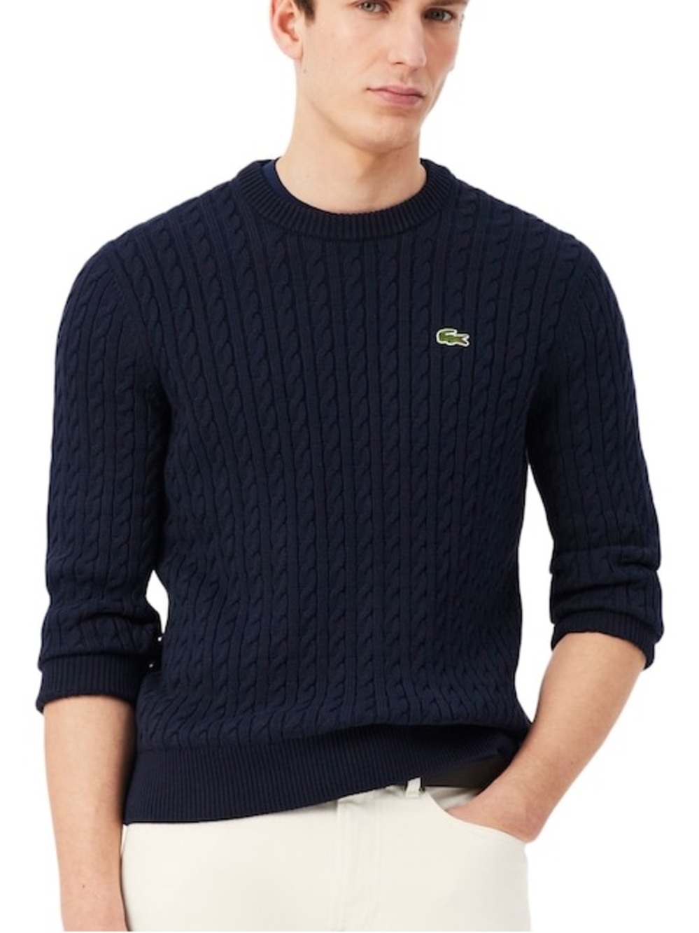 Lacoste Sweater Men’s Large Cable Knit Wool Navy Crew Neck Size Large Logo